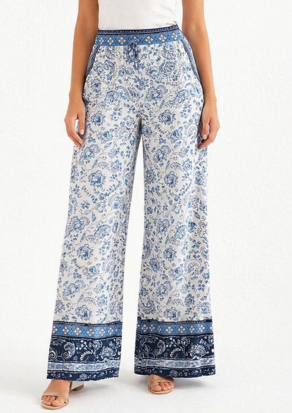 Loft Fluid Paisley Floral High Waisted Wide Leg Satin Pants White Blue XL